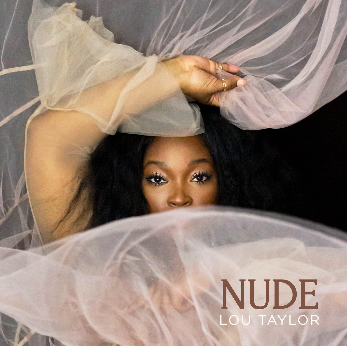 NUDE EP cover: Lou Taylor's eyes framed by sheer blush tulle