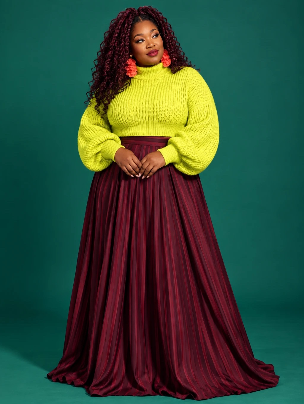 Lou Taylor in a chartreuse sweater and burgundy pleated skirt against a green backdrop