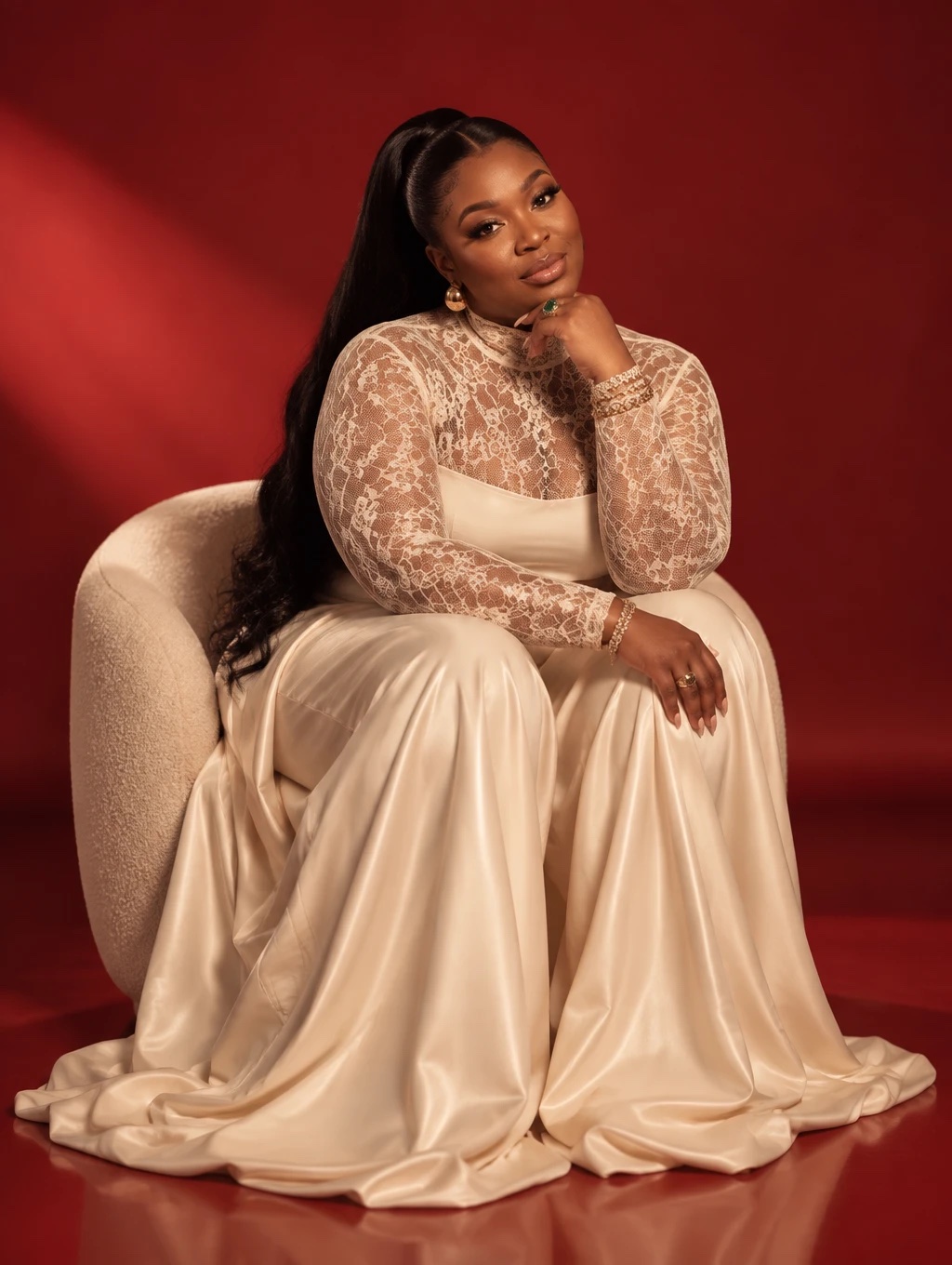 Lou Taylor seated in a cream satin and lace gown against a deep red backdrop
